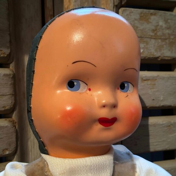 Vintage Polish Sawdust  Folk Art Cloth Doll 14” Cloth Composition Mask Face - Picture 6 of 13